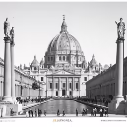people stand in front of a building that has a water feature on it