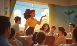 people are sitting around the table while a woman speaks