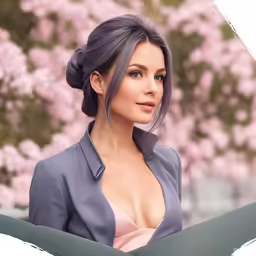 a woman in grey is posing with pink flowers