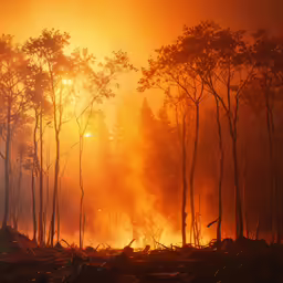 a sunset is seen shining through a forest