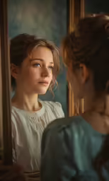 a woman looks in the mirror as she stands
