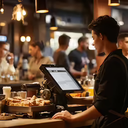 a lady behind a counter paying for some food