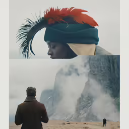 a man with a head dress stares down into the distance