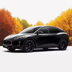 a black sport car parked in front of autumn trees