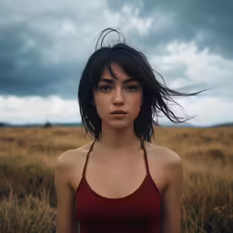 a woman standing in the middle of a field with stormy skies