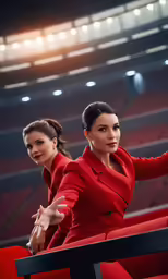 two women are in a theater and one is holding a microphone