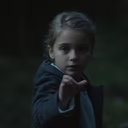 a little girl wearing a jacket pointing to the side