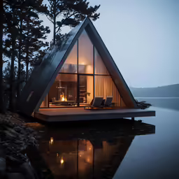 a glass pyramid cabin in the middle of a lake