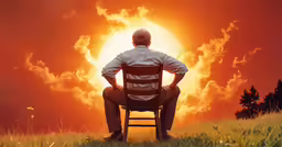 a man sits on an old chair in the sunset