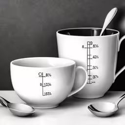 a photo of two coffee mugs with measuring cups on top