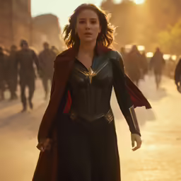 a woman wearing a superhero movie costume on a street