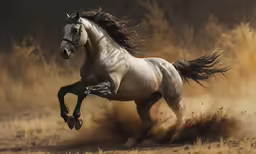a white horse is running in an open field