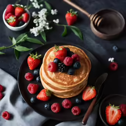 three pancakes, berries and syrup on black plates