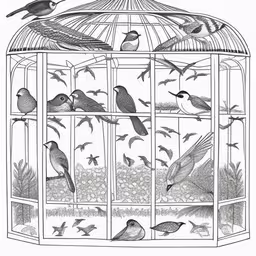 black and white illustration of birds inside of a birdcage,a drawing of a cage full of birds