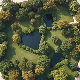 circular shaped pond surrounded by large grassy field