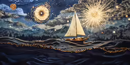 painting of sailboat in storm with white sails and fireworks