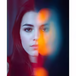 a young girl looks into the camera while wearing an artistic image
