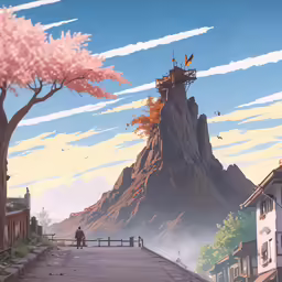 some buildings trees and people are on a street