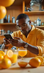 a young man uses his cell phone at a kitchen counter
