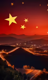 a painting of the night time over a highway