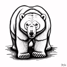 a large white polar bear standing on top of water,the head of a polar bear is seen in this black and white drawing,a drawing of a bear that is walking across water,a polar bear standing in a puddle, with his legs crossed,the large polar bear is standing in the water