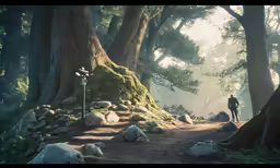 a man walking across a forest with rocks, trees and bushes