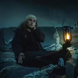 a woman sitting on a bed next to a lantern