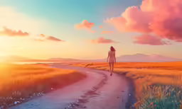 a person walking on a road in an empty field