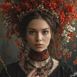 a beautiful woman with flowers on her head