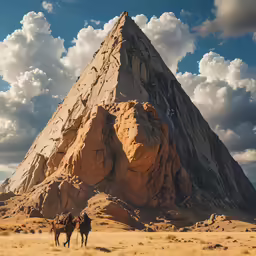 a couple of people on horses are standing near a large rock