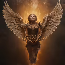a woman with angel wings and chains on her shoulder
