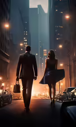 man and woman walking down the street in the city at night