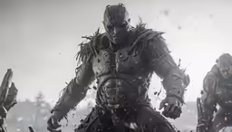the elder in a video game, with his weapons