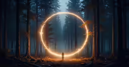 a man standing in a forest holding a glowing circular object