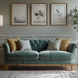 blue velvet couch with green cushions under three pictures