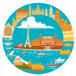 the picture is of the city and river in a circle,a travel circle showing the famous buildings, water, and mountains