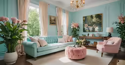 an elegant living room decorated in pastels and pastel pink