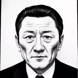 a black and white drawing of a man in a suit
