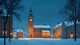 a clock tower rises above a snowy street