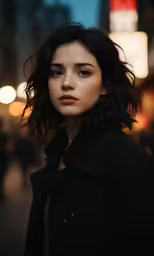 a woman standing on the street at night