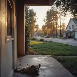 a dog laying on the floor in a doorway by a porch