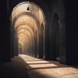 the sunlight shining through an archway in an empty cathedral