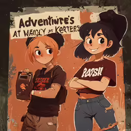 an old sign depicting two female students standing