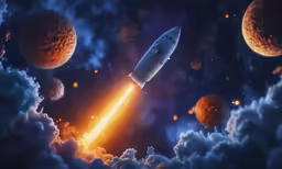a rocket flying up into the air near some clouds