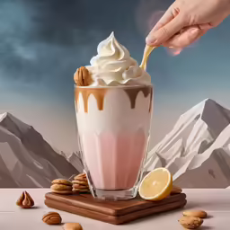 a hand reaching for the whipped cream in the milkshake