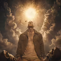 man standing in front of clouds with a sun shining