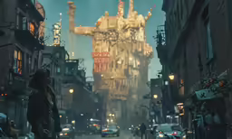 a person walking on a city street under a statue of an angel