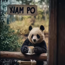 a panda bear holding a cup with coffee in its mouth sitting on a fence