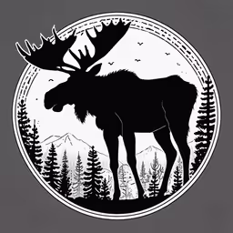 an image of moose in a forest,an image of a moose with mountains and birds in the background