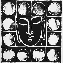 a stylized abstract print, with faces of various heads and shapes,the image has a face and several circles around it